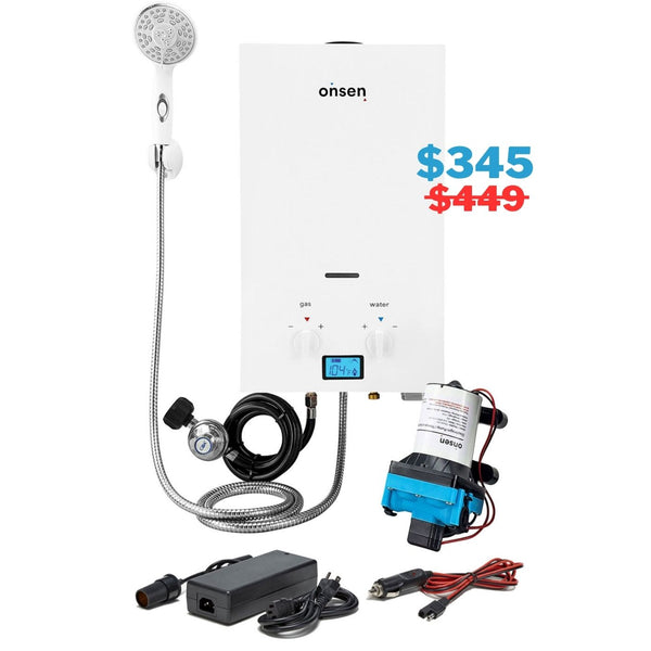 Onsen 7L Outdoor Propane Portable Tankless Water Heater & 120V Converter + FREE Pump