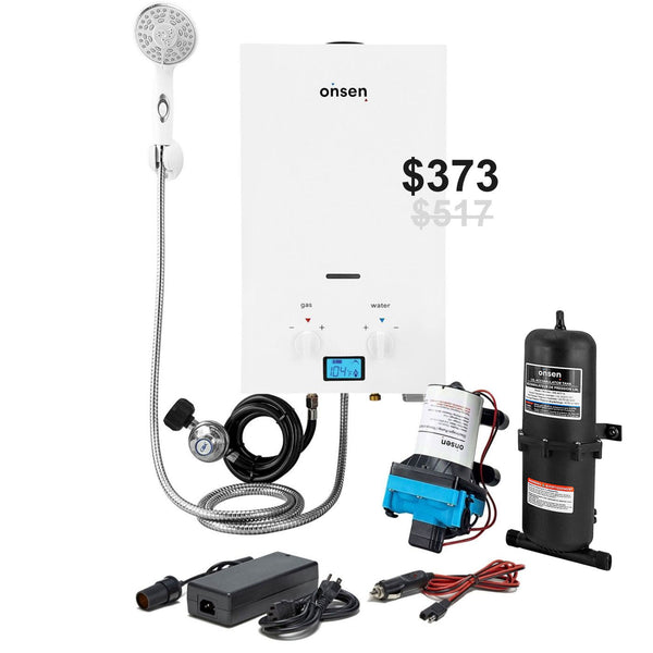 Onsen 7L Outdoor Propane Portable Tankless Water Heater & 120V Converter + FREE Pump & Accumulator