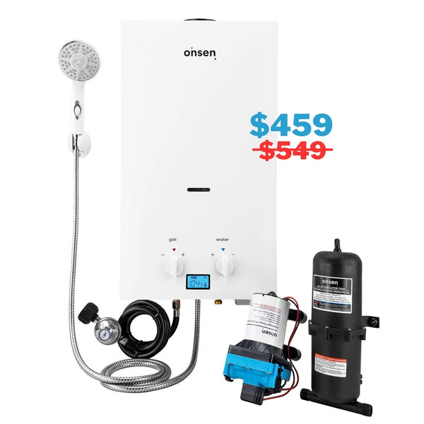 Onsen 10L Outdoor Propane Portable Tankless Water Heater & Accumulator + FREE Pump