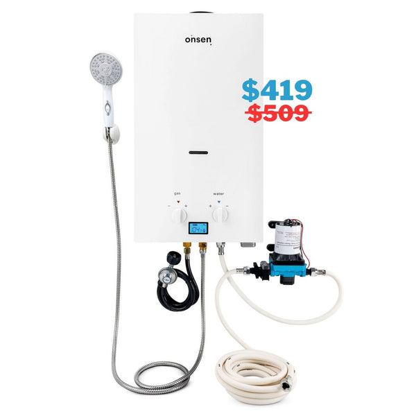 Onsen 10L Outdoor Propane Portable Tankless Water Heater & Hose Kit + FREE Pump