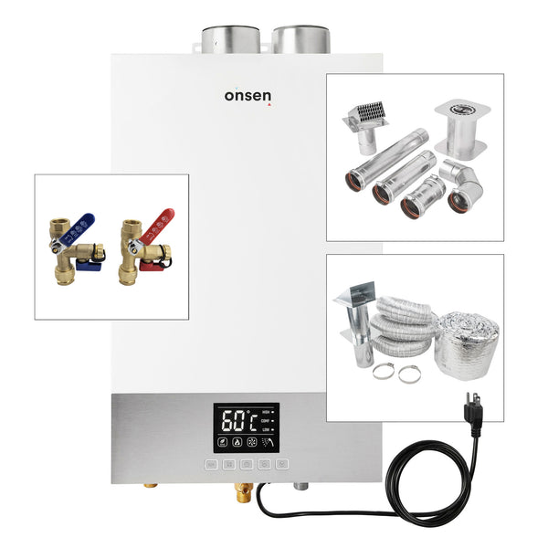 Onsen 14L Indoor Propane Gas Tankless Water Heater 3.7GPM 97K BTU (w/ 3 Inch Vent System & Service Valve Kit)