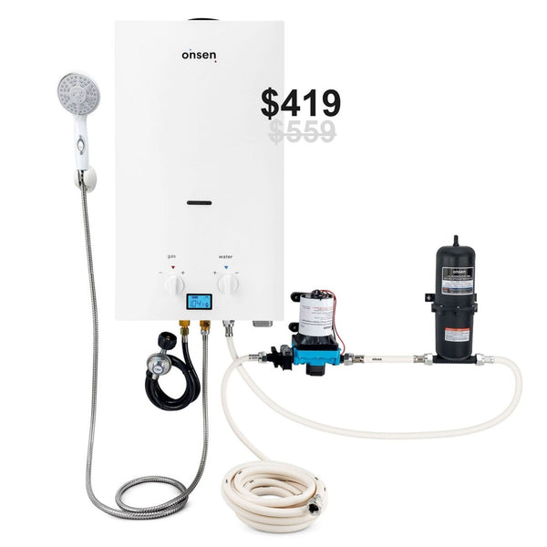 Onsen 10L Outdoor Propane Portable Tankless Water Heater & Hose Kit + FREE Pump & Accumulator