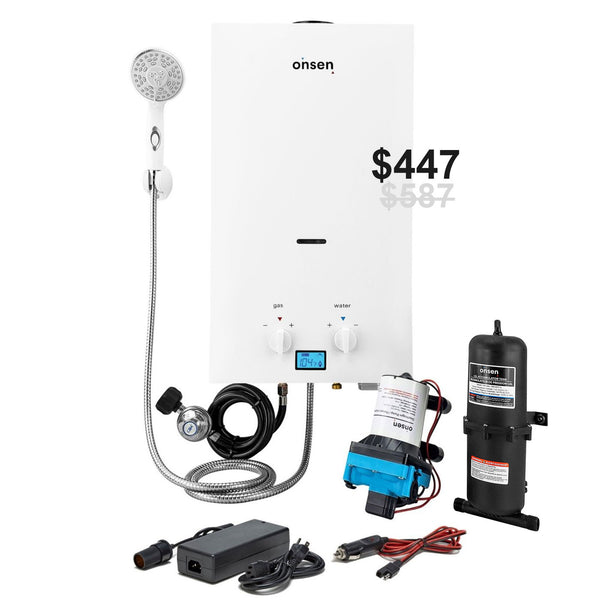 Onsen 10L Outdoor Propane Portable Tankless Water Heater & 120V Converter + FREE Pump & Accumulator