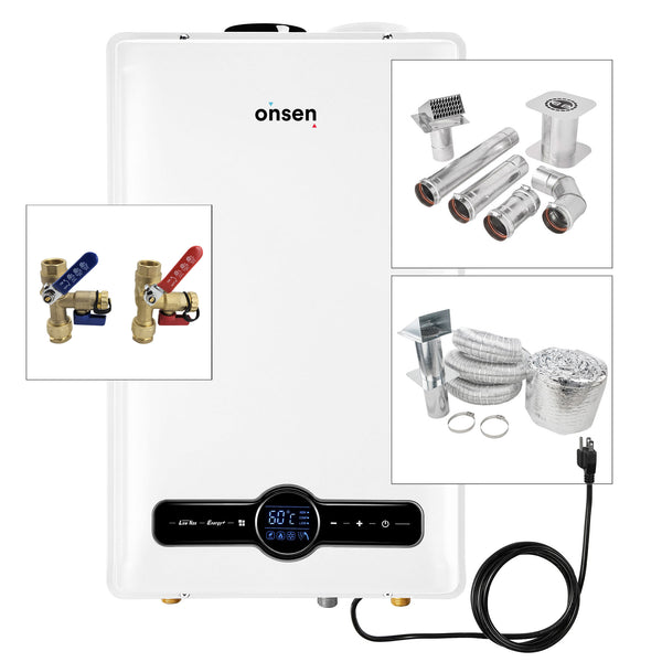 Onsen 26L Indoor Natural Gas Tankless Water Heater 6.9 GPM 180K BTU (w/ 3 Inch Vent System & Service Valve Kit)