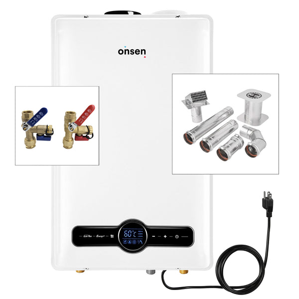 Onsen 26L Indoor Natural Gas Tankless Water Heater 6.9 GPM 180K BTU (w/ 3 Inch Wall Vent & Service Valve Kit)