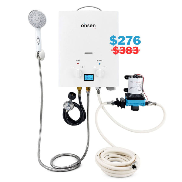 Onsen 5L Outdoor Propane Portable Tankless Water Heater & Hose Kit + FREE Pump