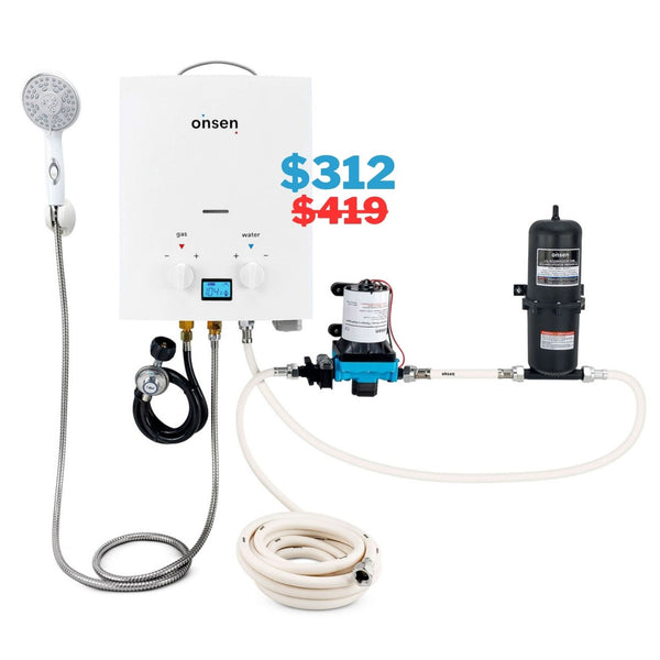 Onsen 5L Outdoor Propane Portable Tankless Water Heater with Accumulator & Hose Kit + FREE Pump