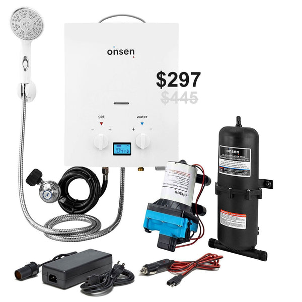 Onsen 5L Outdoor Propane Portable Tankless Water Heater & 120V Converter + FREE Pump & Accumulator