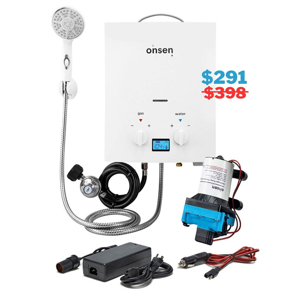 Onsen 5L Outdoor Propane Portable Tankless Water Heater & 120V Converter + FREE Pump