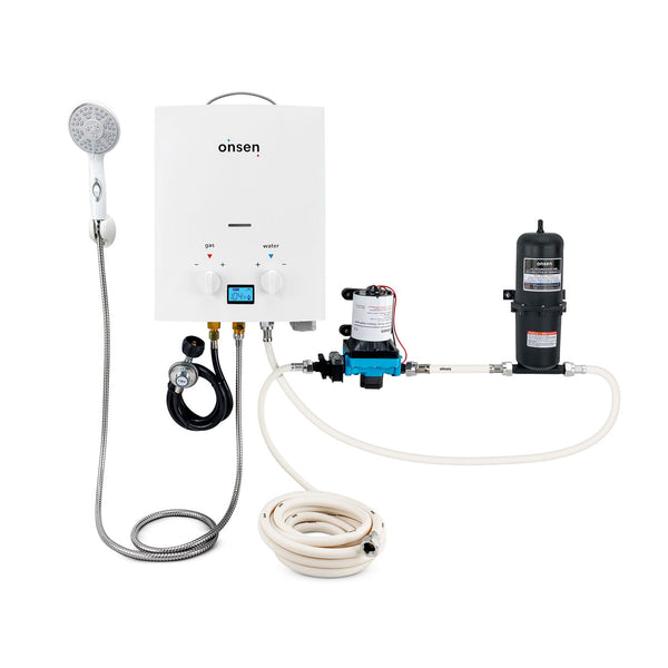 Onsen 5L Outdoor Propane Portable Tankless Water Heater with Pump, Accumulator & Hose Kit