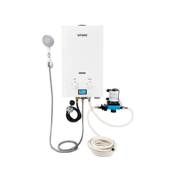 Onsen 7L Outdoor Propane Portable Tankless Water Heater 1.8 Gal/Min 50K BTU with Pump & Hose Kit